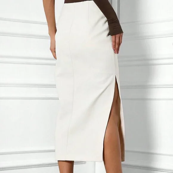 White Elegant Women's Tailored Side Slit Pencil Midi Skirt - Picture 4 of 5